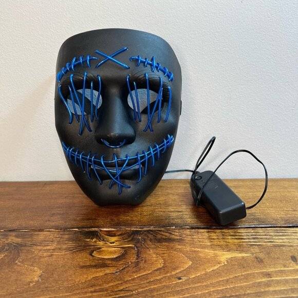Light Up Blue Wire Horror Movie Halloween Mask Stitched Mouth and Eyes - Picture 3 of 11